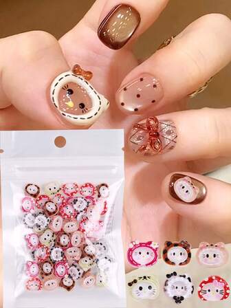 Sanrio 三丽鸥 20/50/100 件装 三丽鸥 Hello Kitty 和豹纹树脂美甲饰品，多种卡通猫咪和蝴蝶结设计 - DIY 美甲饰品和礼品套装，Hello Kitty 粉丝的完美礼物