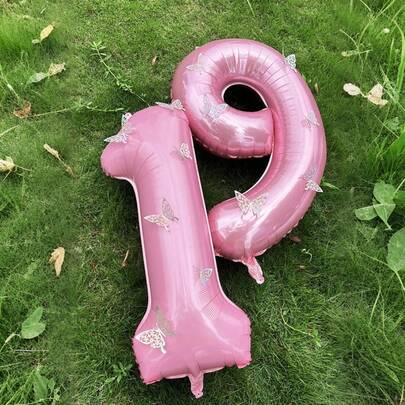 14个40英寸金属粉色数码气球装饰，饰有多个闪亮的银色蝴蝶结，适合生日派对、家庭聚会和活动场地布置。