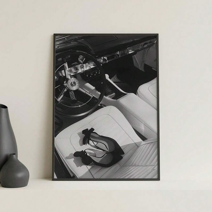 1pc Framed/Unframed Black White Luxury Car Heels Fashion Canvas Poster Vintage Wall Art Print Minimalist Aesthetic Decor Retro Painting For Apartment,Living Room,Bedroom,Modern Home Decoration - Multicolor - View 1