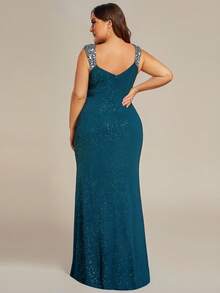 EVERPRETTY Plus Size Women Spaghetti Strap High Slit Formal Dress, Suitable For Graduation Party, Wedding Guest Dress, Blue - Teal Blue - View 5