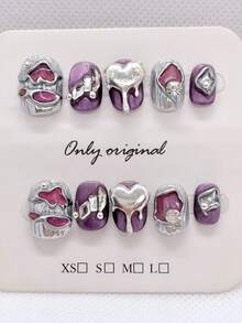 10PCS Purple Press On Nails Short Square Round French Nails, Handmade Press On Nails, Grunge Punk Wear Nails, Nail Supplies, Home DIY Nail Design Full Coverage Fake Nail Tips Artificial Fingernails For Women And Girls Manicure Supplies Office Daily Wear False Nails, Purely Hand-Wear Nails