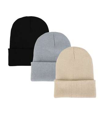 3pcs Kids & Teens Solid Color Knitted Beanie Hats, Warm Winter Autumn Spring Daily Use For Boys And Girls