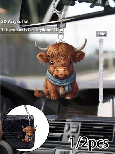 迷人的高地牛亚克力包包挂件 - 复古2D平面亚克力钥匙扣，高地牛围着围巾，亚克力装饰车挂件，可爱小牛卡通家庭钥匙扣包包装饰，龙虾扣挂件，耳机挂件，手机壳挂件 - 非常适合车钥匙、背包和手提包，是学生、朋友、男士和女士的理想之选，也是户外旅行和假日纪念品的完美选择。