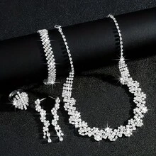 1pc Necklace, 1pc Ring, 1 Pair Earrings, 1pc Bracelet, Fashionable Luxury Jewelry Set With Asymmetrical Sparkling Rhinestone Necklace, Bracelet, Earrings, Ring - Silver - View 2