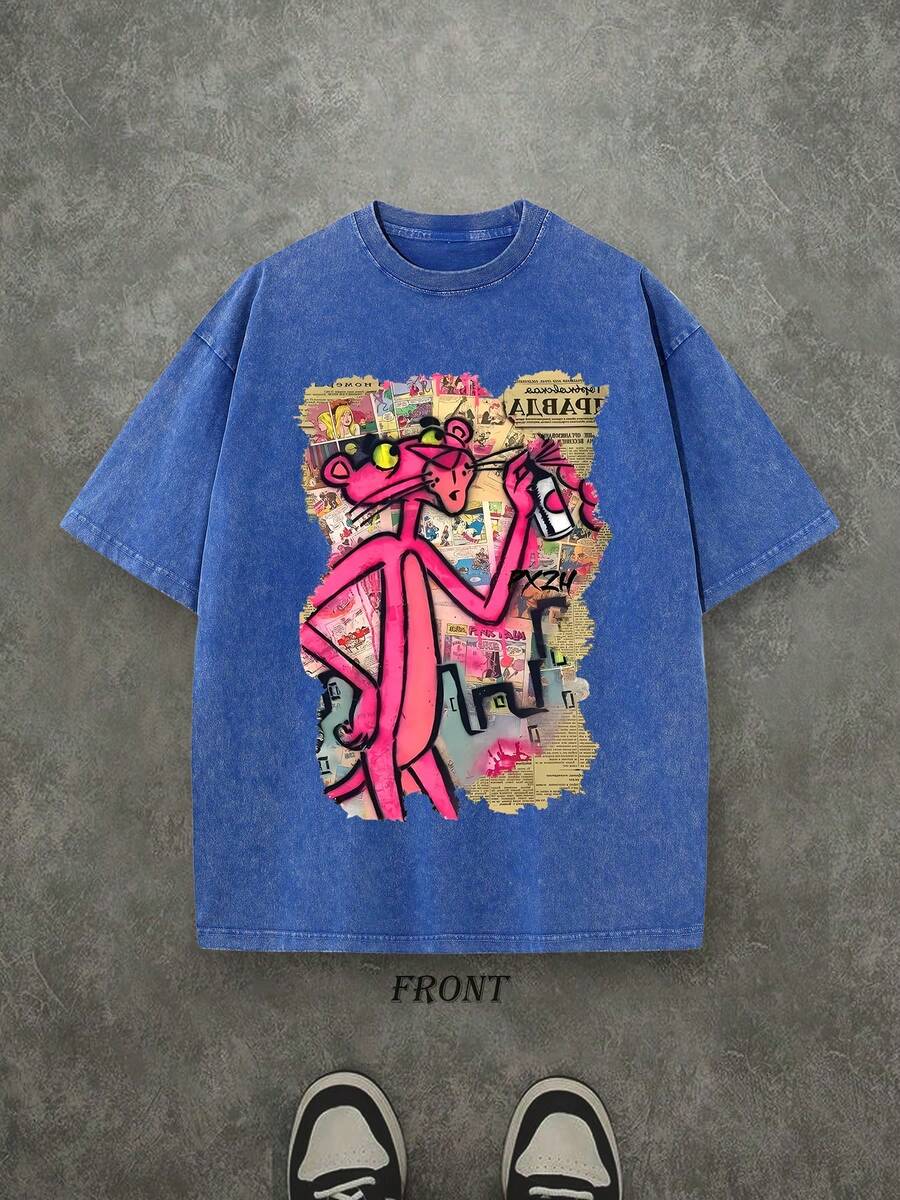 Retro Washed T-Shirt Single-Sided Printed (230 Pure Cotton T-Shirt) 'PANTHER' Newspaper And Graffiti Pattern Print, Mens TShirt, Mens Shirt Casual, Comfortable, Fashionable T-Shirt, Street Style Cotton - 寶藍色 - 查看 1