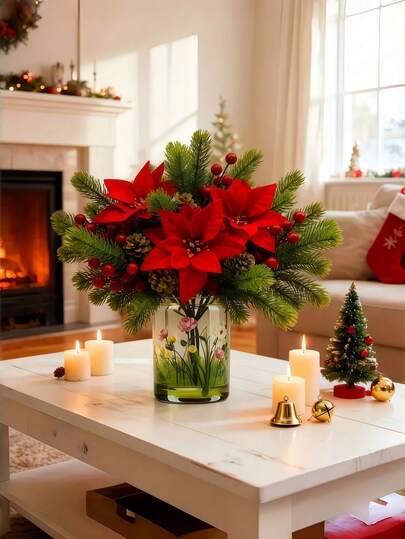 5 Artificial Artificial Flower Bouquets Of Red Pine Branches With Artificial Pinecones And Artificial Berries - Festive Artificial Flower Decorations, Suitable For Home Decoration, Wreath Decoration, Christmas Theme, Christmas, DIY Indoor And Outdoor Wedding Parties, Porches, Gardens, Rooms, Home, Festival And Party Decoration, Winter Decoration, Event Planners, Festival Arrangements, Realistic Flower Decorations