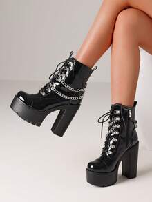 Y2K Gothic Platform Ankle Boots For Women Fashion Block Chunky High Heels Punk Chain Decoration Lace-Up Side Zipper Party Cosplay Boots Woman - Bằng sáng chế đen - Xem 6