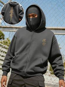 YUNCHIC - Men's Hooded Zip-Up Sweatshirt With Face Mask, Creative Samurai Sword Pattern, Protective Balaclava Design, Autumn/Winter Outdoor Cycling Running Sports Jacket With Side Pockets For Comfort - Dark Grey - View 1