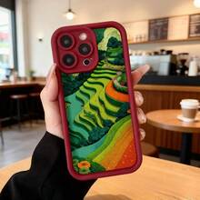 Cubierta de teléfono con borde negro diseño de campos en terrazas verdes y naranjas para uso diario en cafeterías y espacios interiores Aplicable a los teléfonos de la serie Apple y Galaxy - Blanco - Ver 5