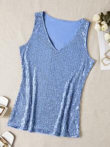 Sequin V-Neck Sleeveless Top, Elegant Tank Top For Spring And Summer Casual Vacation - Blue - View 3