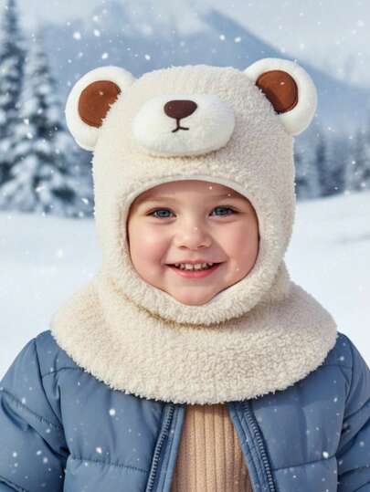 1pc Toddler Boys' Bear Ear Hooded Hat, Baby Hat With Scarf, Balaclava, Baby Beanie, Knitted Balaclava, Warm Hat