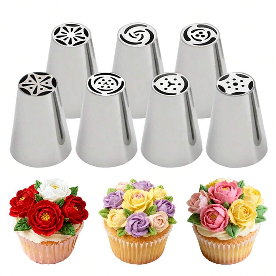 【烘焙神器】7件套不锈钢裱花嘴套装 - 完美适用于纸杯蛋糕、蛋糕和饼干 - 家庭烘焙必备工具，圣诞节、万圣节和感恩节的理想之选，蛋糕装饰用品，烘焙糕点，厨房用品，糕点烘焙套装，糕点切割器，蛋糕模具，棉花糖彩色裱花嘴，裱花嘴，蛋糕装饰用品/配件