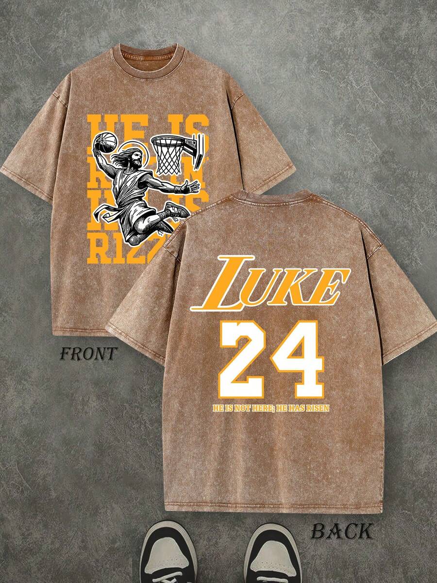 Retro Washed T-Shirt Double Sided Printed (230 Pure Cotton T-Shirt) 'HE IS RIZZIN'  Letter And Pattern Print, Mens TShirt, Mens Shirt Casual, Comfortable, Fashionable T-Shirt, Street Style Cotton - 巧克力棕 - 查看 1
