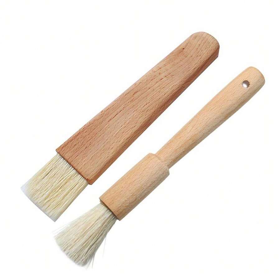 Unfinished Beechwood Bristle Brush Set - Round And Flat Handles For Barbecue And Baking (2 Brushes Included)