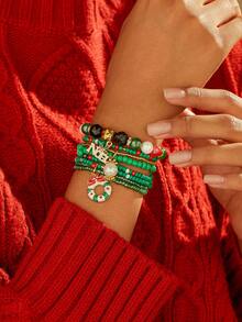 5pcs Women's Christmas Element Letter, Christmas Tree, Santa Claus Charm Bracelet Set