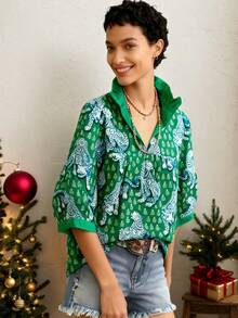 Christmas Hottest! Casual Shirt With Green Tiger Print, Ruffled Collar & Half Sleeves - 綠色 - 查看 4