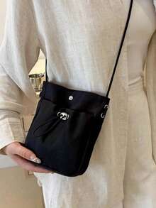 时尚简约女士尼龙斜挎迷你包 - 轻便，可调节肩带，纯色时尚手机袋，带扣环 - 黑色 - 查看 2