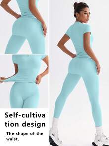 FWH 1. Cute Solid Color Crop Top, Stretchy Fitted Round Neck Sweet Fashionable Versatile Jacket, Elegant High Waist Slim Casual Tummy Control Daily Basic Dancewear Leg Lengthening Butt Lifting Street Running Yoga 2-Piece Set, Spring/Summer - 藍色 - 查看 2