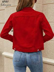 女士春季休闲牛仔外套，带翻盖口袋和纽扣前襟