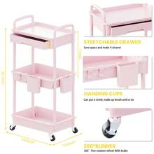 3 Tier Rolling Utility Cart Organizer With Removable Drawer, Stable And Sturdy Black Rolling Storage Carts With 2 Lockable Wheels For Bathroom, Kitchen, Snack, Craft, Makeup, Baby Essentials - Pink - View 11