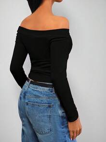 Top de manga larga ajustado con hombros descubiertos y costillas, primavera/verano Y2K para mujer - Negro - Ver 2