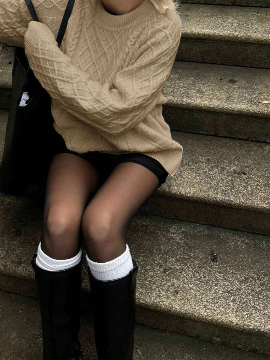 女士休闲纯色圆领宽松针织毛衣，纹理套头衫，适合秋冬季、春假穿着，优雅女士衬衫，派对上衣，假日女装 - 駝色 - 查看 1