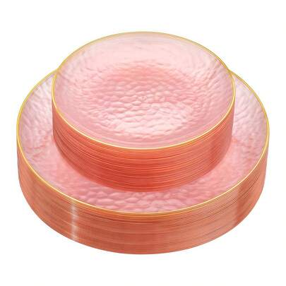 50/25/12pcs Pink Rim Plates - Elegant Plastic Plates With Transparent Pink & Gold Rim, Hammered Pattern Design Plates, Platters For Serving Desserts, Dishes, Steaks, Pasta, Cakes, Snacks, Fruits, Etc. - Perfect For Parties And Weddings: Birthday Parties, Weddings, Valentine's Day, New Year, Mother's Day Or Any Special Occasions