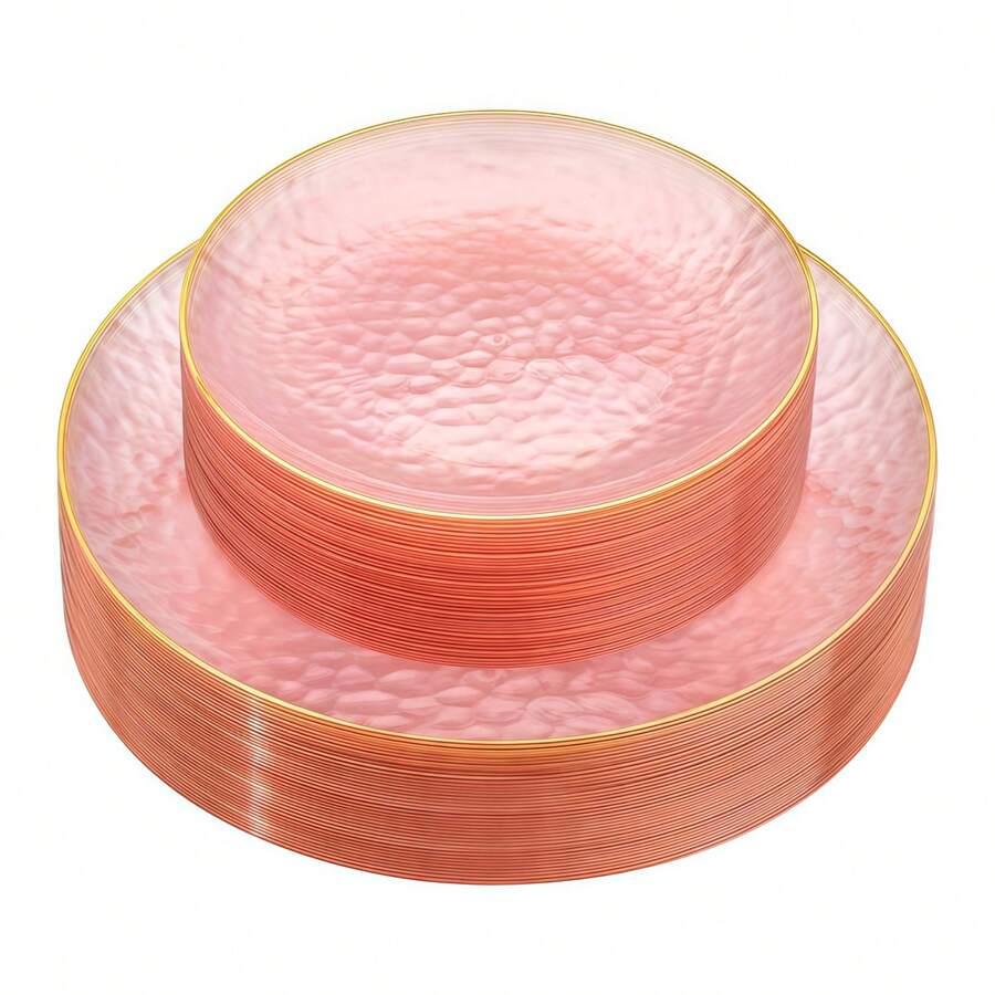 50/25/12pcs Pink Rim Plates - Elegant Plastic Plates With Transparent Pink & Gold Rim, Hammered Pattern Design Plates, Platters For Serving Desserts, Dishes, Steaks, Pasta, Cakes, Snacks, Fruits, Etc. - Perfect For Parties And Weddings: Birthday Parties, Weddings, Valentine's Day, New Year, Mother's Day Or Any Special Occasions - 粉色 - 查看 1