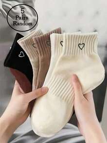 1/5/10/20 Pairs Of Random-Style Forest-Colored Waist-Binding Socks With Hearts, Comfortable, Simple, Sporty, Casual, Everyday, All-Season, Unisex, Short Socks - Multicolor - View 12