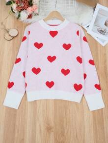 Plus Size Heart Pattern Color Block Simple Casual Pullover Sweater