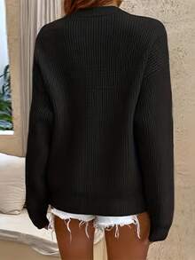 [Casual Pullover Sweater] Women's Casual Pullover Sweater With Button Detail - Soft Round Neck Long Sleeve Solid Color Cozy Fall Winter Tops, Sweater, Autumn Wardrobe, Durable Knitwear - 黑色 - 查看 3