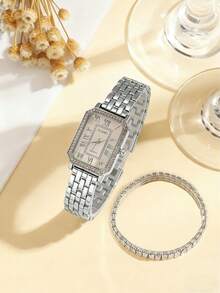 6pcs/Set Women's Quartz Watch Set, Fashion Luxury Versatile Rhinestone Square Dial Alloy Strap Roman Numeral, Rhinestone Jewelry, Suitable For Daily Matching, Birthday, Women's Gift, Anniversary, Year-End Promotion, Singles' Day, Halloween, Christmas Promotion, No Gift Box - Silver - View 3
