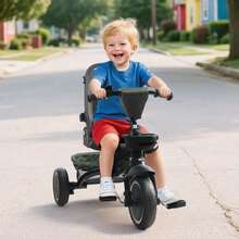 Kinder King Kids Tricycle, 8 In 1 Folding Toddler Trike W/Adjustable Push Handle, Rotatable Seat, Adjustable Canopy, Bell, Five-Point Harness, Storage, Toddler Bike, Dark Green - Army Green - View 3