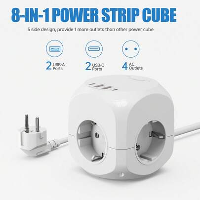 Ổ cắm điện đa năng 8 trong 1 chuẩn EU, công suất 4000W, bảo vệ quá tải, thiết kế nhỏ gọn hình khối, dây nối dài 1.8M, tích hợp 2 cổng sạc USB-A và 2 cổng USB-C, phù hợp với các thiết bị gia dụng 250V.