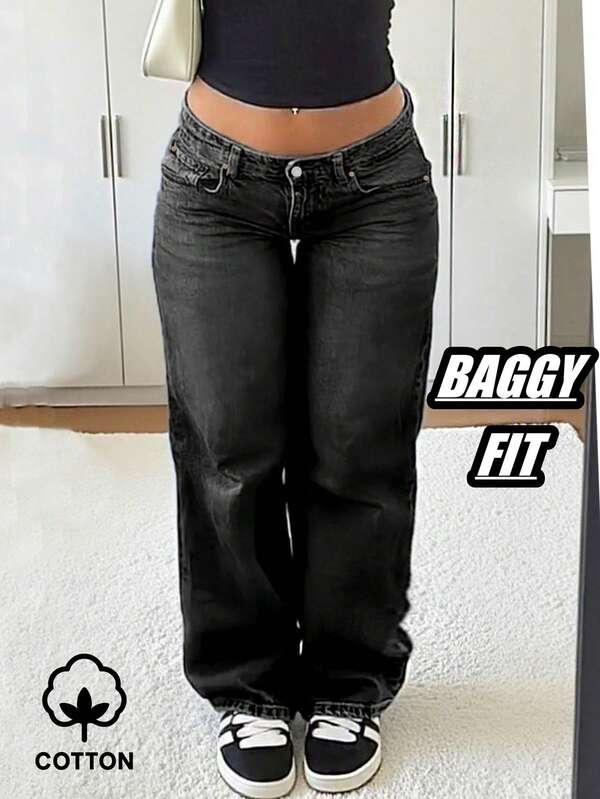 MYOURSA Jeans anchos de tiro bajo y pierna ancha para mujer, lavados, con efecto vintage y desgastado, para uso urbano y estilo Y2K, color gris oscuro