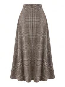 EARO 女式新款格子羊毛休闲百搭金属装饰修身高腰 A 字长裙，适合工作、秋冬 - 咖啡棕 - 查看 2