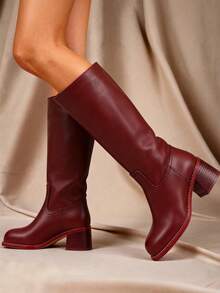 Knee High Boots For Woman Square Toe Fall Wide Calf Pull On Chunky Block Heeled Boots Riding Boots Knight Women's Boots Autumn Casual Comfortable Block Heels For Women - 酒紅色 - 查看 7