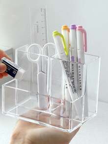 1pc Acrylic Transparent 3-Compartment Pen Holder, Desk Organizer Box, Suitable For Cosmetics And Stationery, Minimalist Multi-Function Desktop Storage - Multicolor - View 2