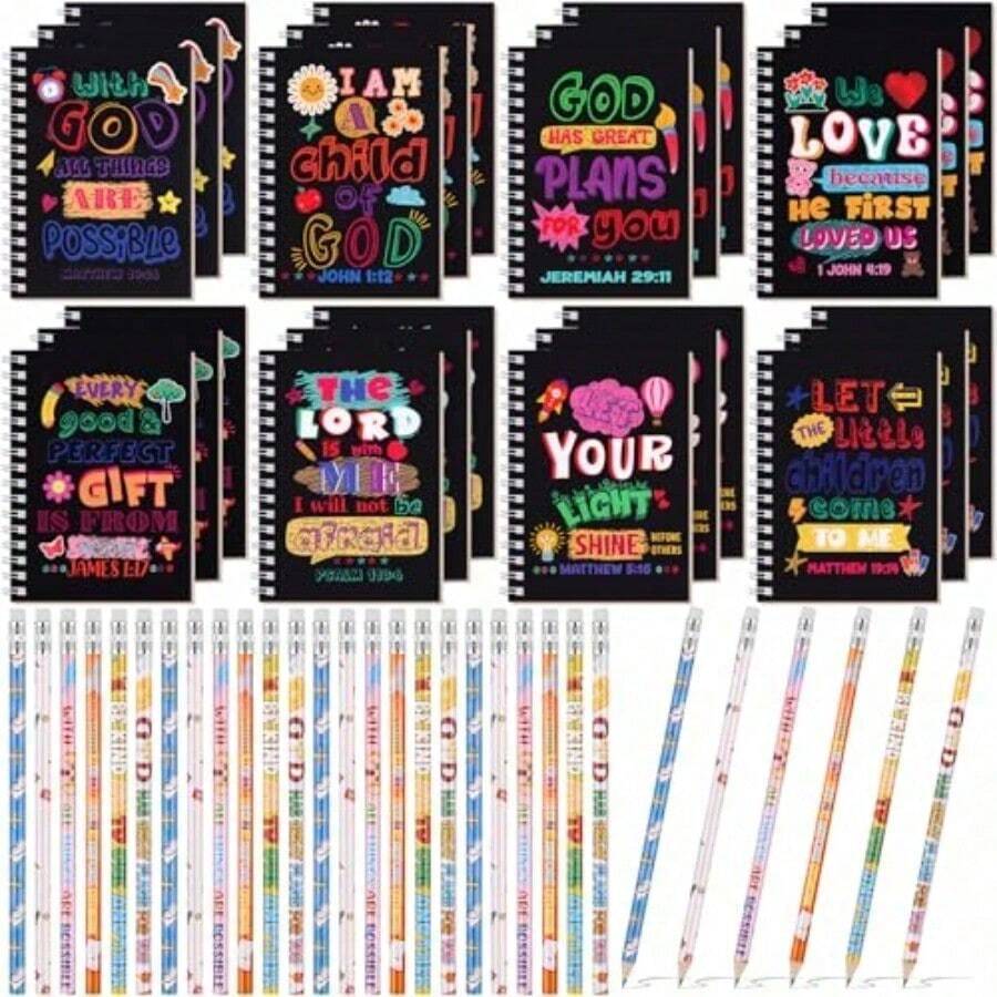 Crtiin 48 Pcs Bible Verse Notepad Pencils Easter Students Classroom Award Gifts Christian Religious Inspirational Notebook Bulk Bible Pencils Set Prayer Journals Pocket Sunday School Black - como en la foto - Ver 1
