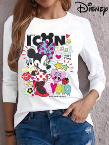 Disney Áo thun tay dài in họa tiết chuột Minnie, chất liệu co giãn, mờ đục, dễ chăm sóc, thích hợp mặc hàng ngày - trắng - Xem 3