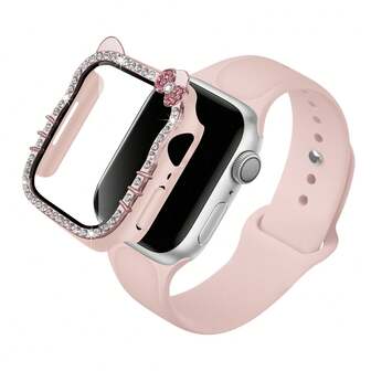 2pcs/Set Sport Silicone Band Compatible With Apple Watch Band 40mm 41mm 42mm 44mm 45mm 46mm 49mm Women Men,Soft Wristband Waterproof Replacement Sport Strap Compatible With Apple Watch Band Series Ultra 11 10 9 8 7 6 5 4 SE Cartoon Pattern Compatible With Apple Watch Case Sparkling Diamond PC Plating Protective Cover With HD Hardened Tempered Glass Screen Protector