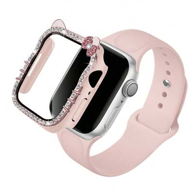 2pcs/Set Sports Silicone Watch Band, Compatible With Apple Watch 40mm 41mm 42mm 44mm 45mm 46mm 49mm, Unisex, Soft Waterproof Wristband, Replaceable Sports Strap, Compatible With Apple Watch Ultra 11 10 9 8 7 6 5 4 SE Series, Cartoon Pattern, Compatible With Apple Watch Case, Shiny Diamond PC Electroplated Protective Shell With High-Definition Tempered Glass Screen Protector