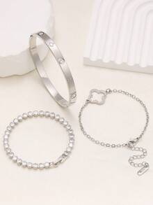 1 set Bracelet en acier inoxydable à motif trèfle à quatre feuilles, convient pour le port quotidien des femmes - Argent - Voir 4