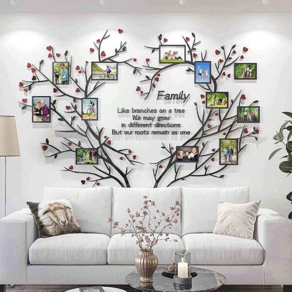 Love Family Tree Wall Decor Picture Frame Collage Removable 3D DIY Acrylic Wall Stickers For Living Room With Red Heart And Quote Family Like Branches On A Tree