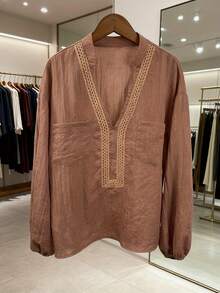 Bohemian Breathable V-Neck Linen Shirt For Women Loose Lantern Sleeve Vintage Style Casual Top - 棕色 - 查看 2