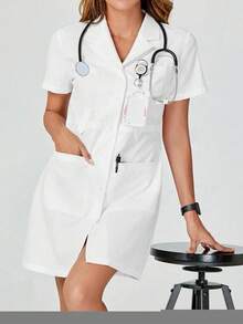 White Lapel Short Sleeve Multi-Pocket Jacket, Fashionable Workwear Jacket For Lab, Maternity Center, Commuting - White - View 6