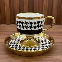 1 Set Ceramic Checkered Gold-Rimmed Vintage Coffee Cup & Saucer, Elegant For Women And Men, Suitable For Turkish/Arabic Espresso, Breakfast, Tea Party, Afternoon Tea, Home, Garden, Restaurant - Applicable For Summer, Autumn, Winter Beverages - Recommended Halloween, Christmas Gift