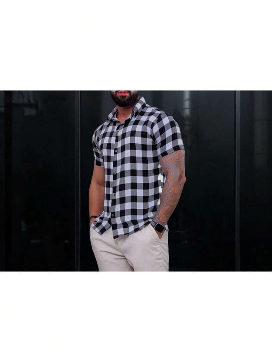 Men's Short-Sleeved Plaid Shirt For June Festivals, Viscose Linen - 白色 - 查看 1