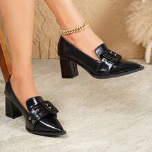 Zapatos de tacón alto y grueso de punta afilada para mujer, con decoración de metal sólido a juego, versátiles para todas las estaciones - Negro - Ver 5