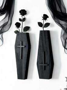 1 pieza/2 piezas Jarrón con forma de ataúd, diseño de cruz, se puede montar en la pared o colocar en el escritorio, creando una atmósfera espeluznante, jarrón de estilo gótico, adecuado para casa embrujada, chimenea, entrada o estantería, jarrón negro montado en la pared, jarrón de cruz de madera gótico - Negro - Ver 7